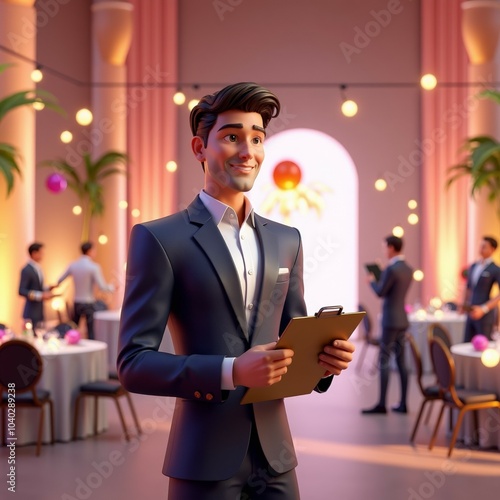 Event manager in a formal suit holding a clipboard at an elegant venue. Luxurious setup with tables, palm plants, and soft lighting, ideal for weddings and corporate events.
