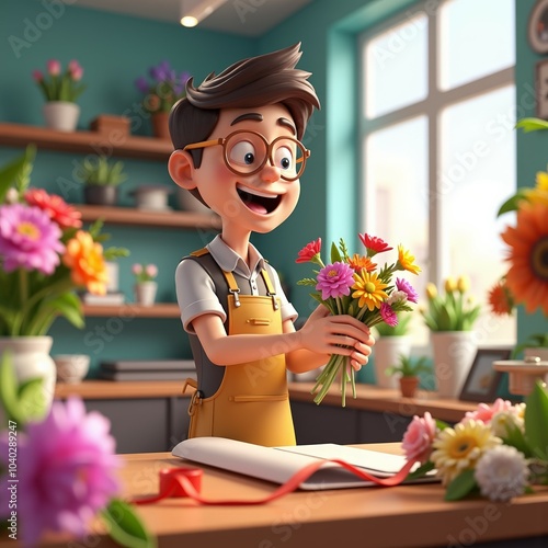 Cheerful young florist arranging fresh flowers in a bright studio. Surrounded by plants and colorful blooms, showcasing creativity and love for nature.
