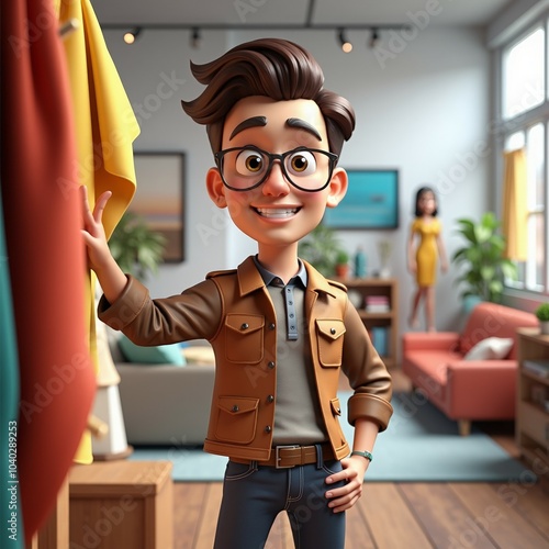 Smiling young fashion consultant in a boutique, showing a clothing rack. Casual style, modern interior, ideal for retail and fashion industry themes.
