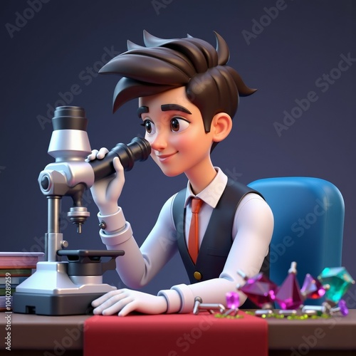 Jewelry appraiser inspecting gemstones under a microscope in a dark studio. Wearing formal attire, he represents precision and expertise in gemology and valuation.
