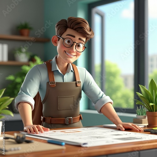 Young architect smiling at desk, reviewing blueprints in a modern office. Surrounded by plants and natural light, he wears a casual apron, showcasing a creative workspace.
