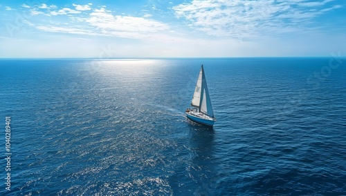 Sailboat on the Open Sea, Travel through Sailing Across the Blue Horizon and Tranquil Ocean during Summer Vacation