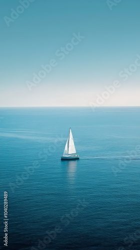 Sailboat on the Open Sea, Travel through Sailing Across the Blue Horizon and Tranquil Ocean during Summer Vacation