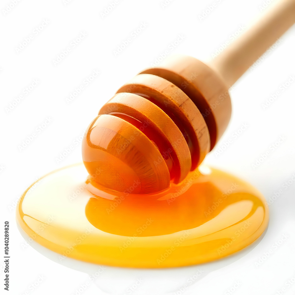 Honey dripping from wooden honey dipper over white background Honey dripping from wooden honey dipper over white background
