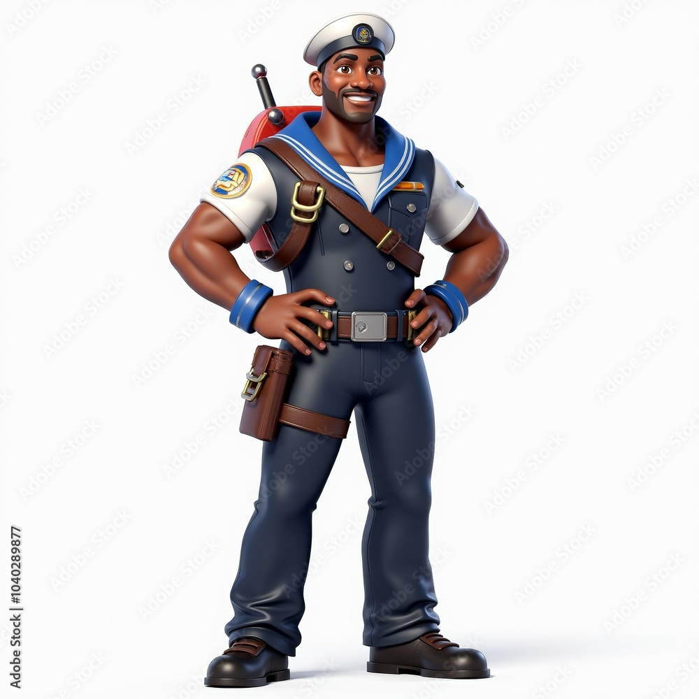 3D cartoon muscular sailor character with dark skin, wearing a navy uniform and standing confidently. Ideal for maritime, nautical, or hero-themed illustrations.
3D cartoon muscular sailor character with dark skin, wearing a navy uniform and standing confidently. Ideal for maritime, nautical, or hero-themed illustrations.