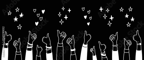 Raising hands with thumb up doodle background. Positive reaction for social media post, live stream, book, online shopping experience. Handwriting falling stars, bling, sparks, glitter, hearts.