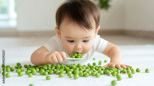 
Cute baby eating green peas with spoon