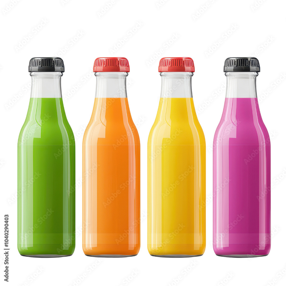 Colorful fruit juices in glass bottles on a white isolated background. transparent background. Colorful fruit juices in glass bottles on a white isolated background. transparent background.