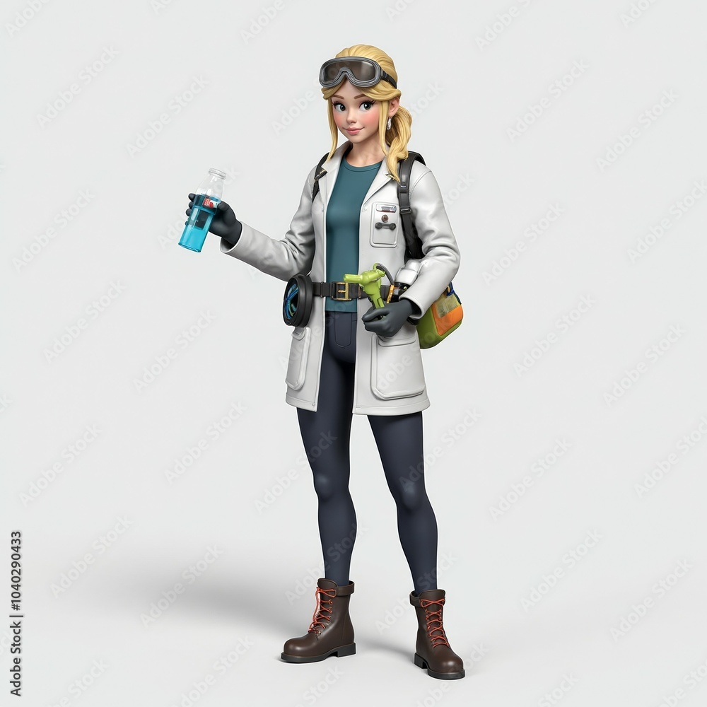 Female scientist in field gear holding a test tube and a sample, wearing protective goggles and ready for scientific exploration in an outdoor environment.
Female scientist in field gear holding a test tube and a sample, wearing protective goggles and ready for scientific exploration in an outdoor environment.