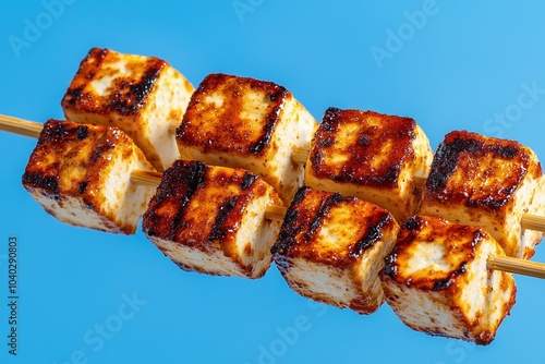 Grilled tofu skewers on a wooden stick against a bright blue background.