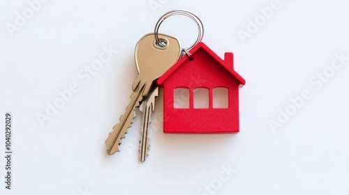 House keys adorned with a charming house-shaped keychain, elegantly displayed against a clean white backdrop, symbolizing home and security in everyday life.