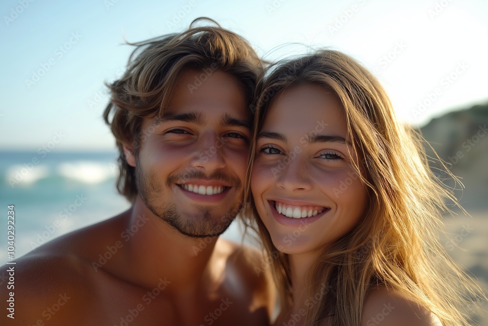Happy couple smiling on beach on summer vacation Happy couple smiling on beach on summer vacation