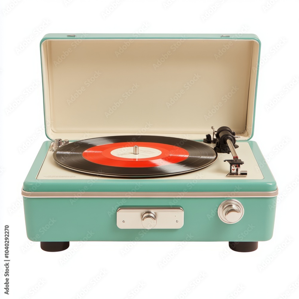 Fototapeta premium A vintage-style turntable with a vinyl record playing.