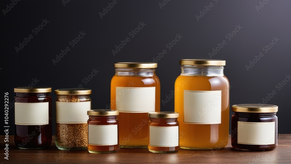 Assorted jars filled with honey, jam, and grains sit on a wooden surface. The jars have blank labels and metal lids, arranged against a dark background. Assorted jars filled with honey, jam, and grains sit on a wooden surface. The jars have blank labels and metal lids, arranged against a dark background.