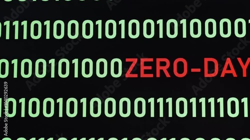 ZERO-DAY text and binary code concept from the desktop computer screen,ZERO-DAY vulnerability concept (also known as a 0-day)A zero-day vulnerability is a flaw in software or hardware.
