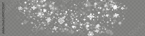 Snow and snowflakes on transparent background. Winter snowfall effect of falling white snow flakes and shining, New Year snowstorm or blizzard realistic backdrop. Christmas or Xmas holidays.