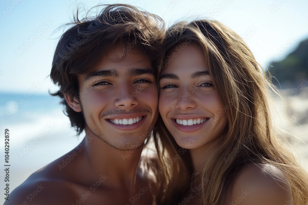 Young couple smiling on beach on a sunny day Young couple smiling on beach on a sunny day