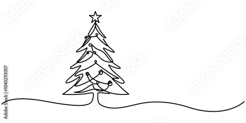 Christmas tree vector illustration continuous one line drawing. Premium vector, Christmas Tree in the Snow Continuous Line Drawing with Editable Stroke, Continuous one Line art of Christmas tree