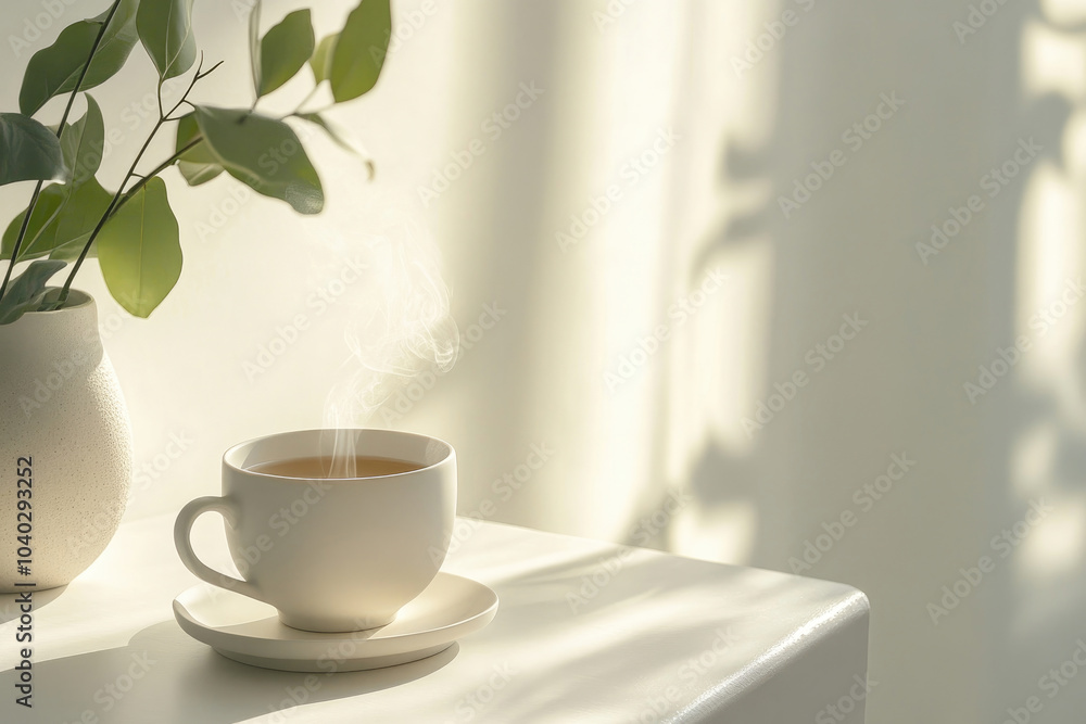 Kräutertee und Entspannung Konzept – Eine Tasse mit heißem Tee steht in einem hellen Raum Kräutertee und Entspannung Konzept – Eine Tasse mit heißem Tee steht in einem hellen Raum