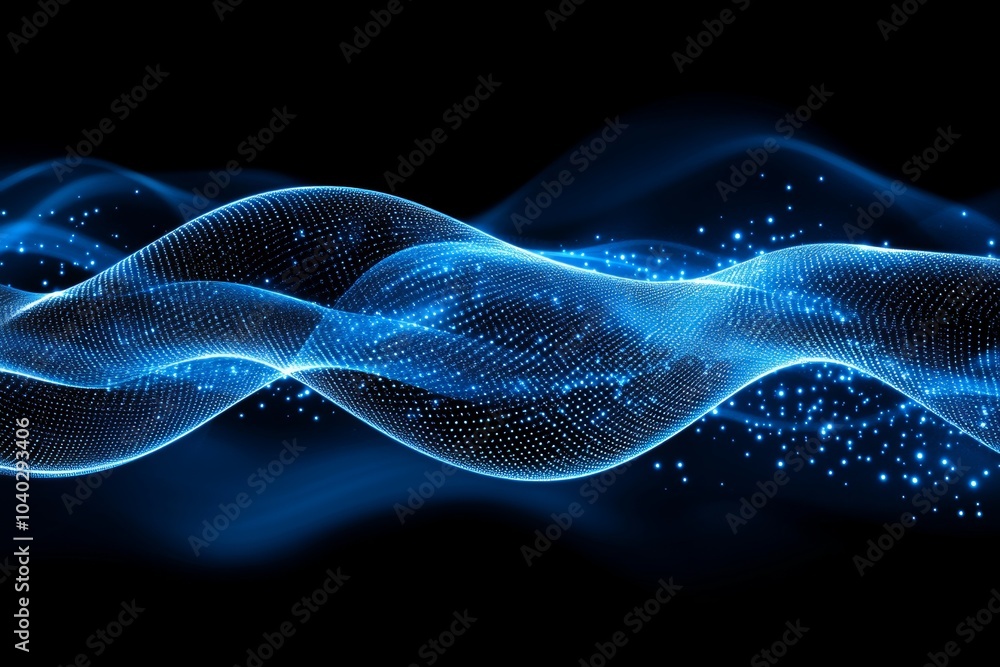 Fototapeta premium Abstract blue glowing wave with sparkling particles on black background.