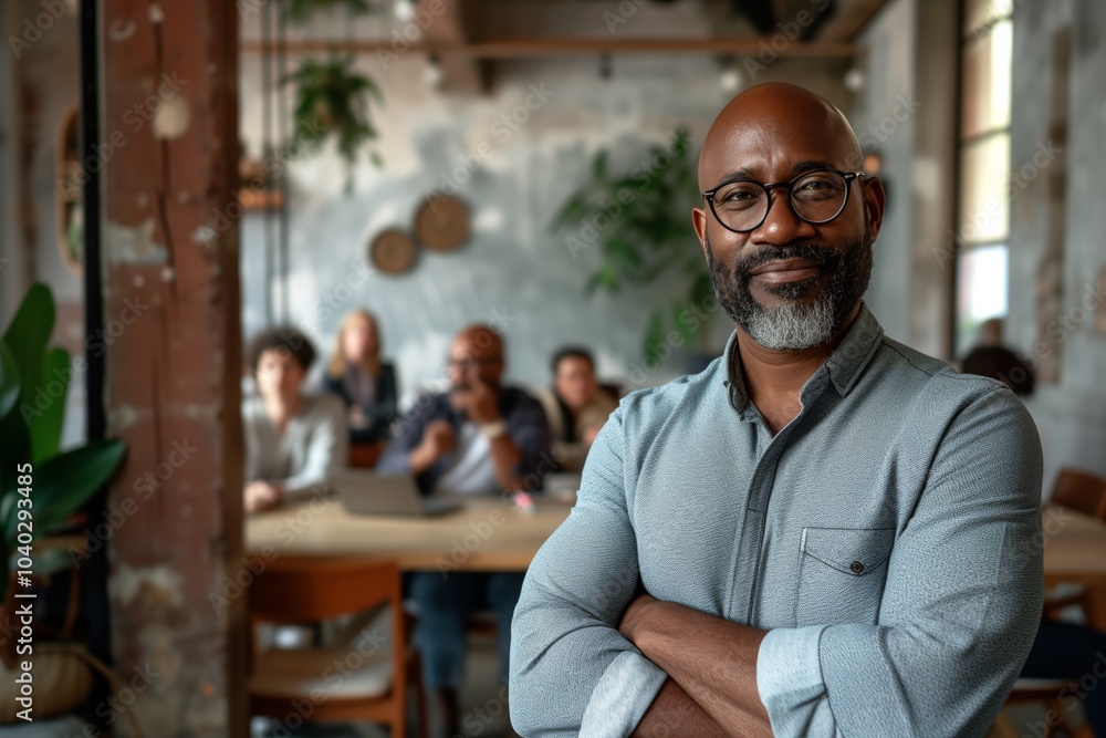Smiling African American man standing confidently with arms crossed in a modern office setting. Gray beard, glasses, casual yet professional clothing, colleagues in the background, radiating warmth, Smiling African American man standing confidently with arms crossed in a modern office setting. Gray beard, glasses, casual yet professional clothing, colleagues in the background, radiating warmth,