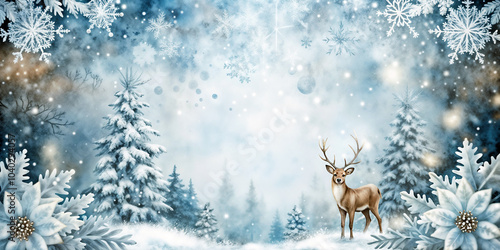 Reindeer in Snowy Forest with Christmas Decorations and Copy Space