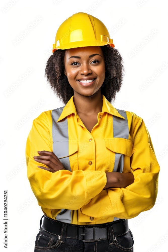 Black female construction worker portrait hardhat helmet. Black female construction worker portrait hardhat helmet.