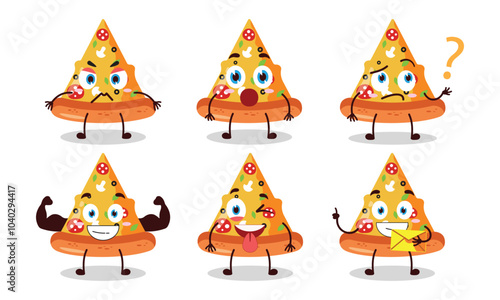funny slice of pizza cartoon with different expressions character design illustration