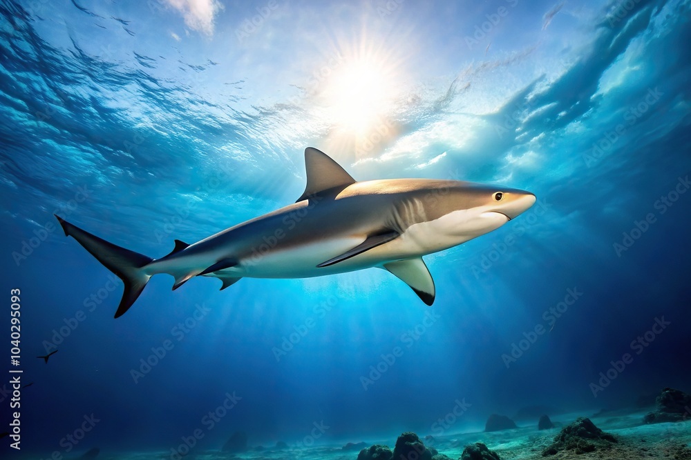 Fototapeta premium Aerial view of Caribbean reef shark swimming bottom up in clear blue water