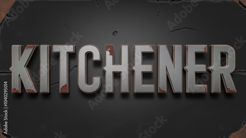 Stylized Text Sign: 'Kitchener' in Industrial Metal Style with Dark Background for Branding and Design Use
