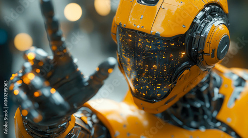 A robot in yellow armor extending its hand. A futuristic design with high-tech elements, representing artificial intelligence and robotics