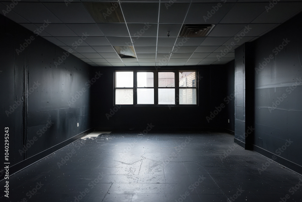 Empty, rather dark small interior of a premises for rent, small windows on front wall. Empty, rather dark small interior of a premises for rent, small windows on front wall.