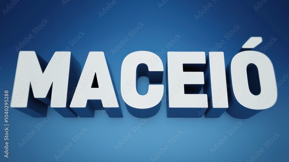 3D Text Design: 'Maceió' in Bold White Letters Against a Blue Background, Ideal for Travel Promotions and City Branding 3D Text Design: 'Maceió' in Bold White Letters Against a Blue Background, Ideal for Travel Promotions and City Branding