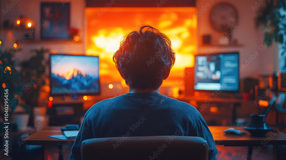 Back view of a man observing multiple screens in a dark room, surrounded by various monitors displaying different footage, depicting surveillance or media monitoring Back view of a man observing multiple screens in a dark room, surrounded by various monitors displaying different footage, depicting surveillance or media monitoring