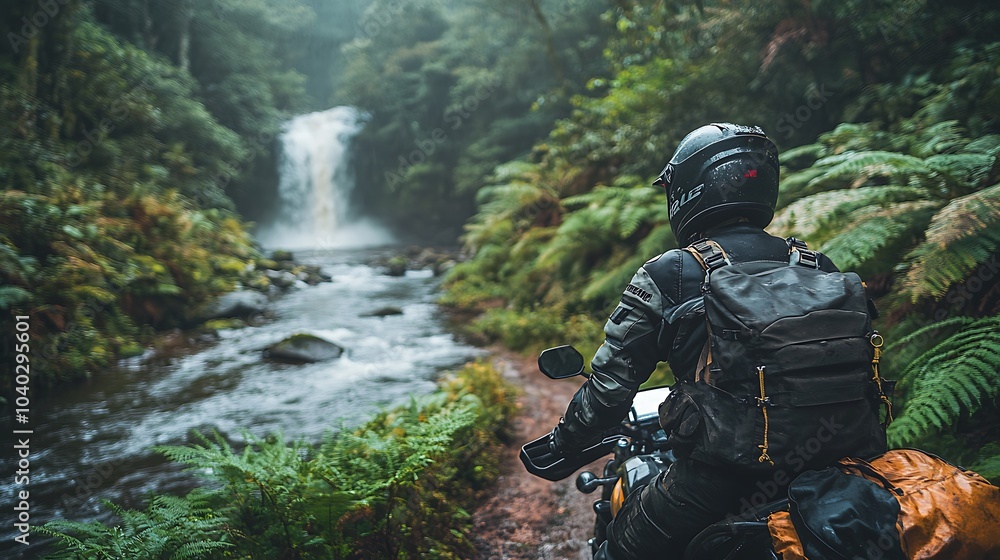 A motorcyclist wearing a helmet navigating a trail beside a slow-moving river, surrounded by lush forest and ferns, a distant waterfall pouring down, the light filtering through the leaves, A motorcyclist wearing a helmet navigating a trail beside a slow-moving river, surrounded by lush forest and ferns, a distant waterfall pouring down, the light filtering through the leaves,