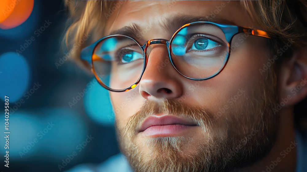 Close-up of a bearded man in glasses with blue reflections from screens, showing focus and contemplation in a high-tech environment Close-up of a bearded man in glasses with blue reflections from screens, showing focus and contemplation in a high-tech environment