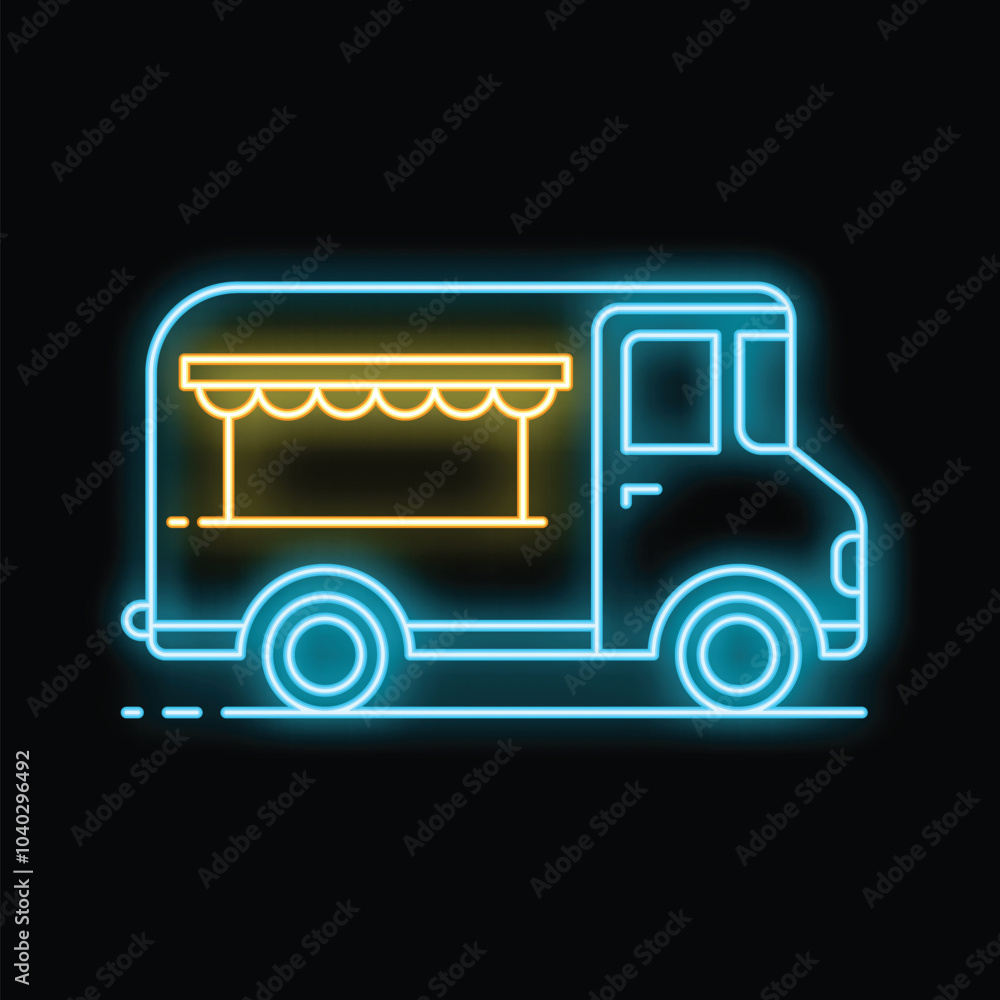 Glowing neon line food truck icon isolated on black background, perfect for representing street food, fast food, and delivery services Glowing neon line food truck icon isolated on black background, perfect for representing street food, fast food, and delivery services