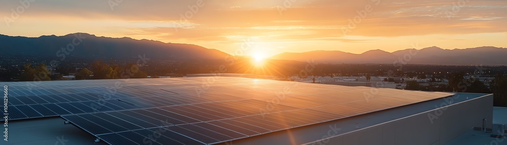 Solar panels on a rooftop at sunset, capturing renewable energy with scenic mountain views in the background. Solar panels on a rooftop at sunset, capturing renewable energy with scenic mountain views in the background.