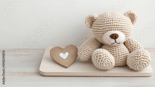 Cozy crochet teddy bear laying next to a heart symbol, on a light wooden board, perfect for a heartwarming children's theme photo