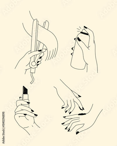 A set of minimalist line art illustrations showcasing hand gestures related to beauty, skincare, and makeup routines.