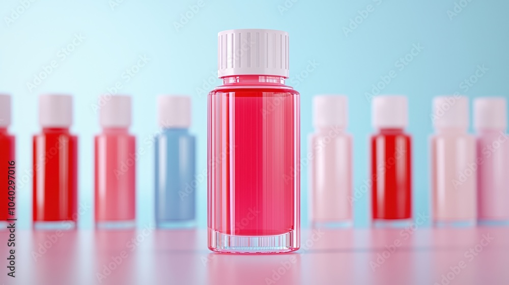 Vibrant red bottle surrounded by pastel colored bottles on a minimalistic background. Vibrant red bottle surrounded by pastel colored bottles on a minimalistic background.