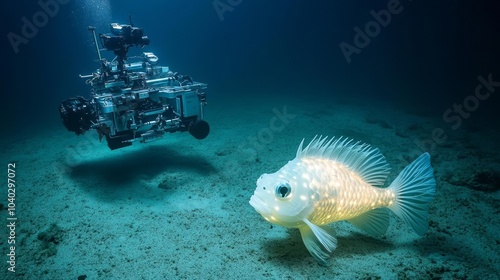 Lanternfish casting a soft glow in the dark ocean depths, with a high-tech remote operated vehicle ROV exploring nearby photo