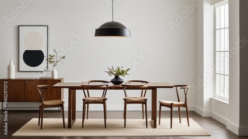 A minimalist dining room features a wooden table with six chairs. A white pendant light hangs above, alongside a vase with greenery and a fruit bowl. photo