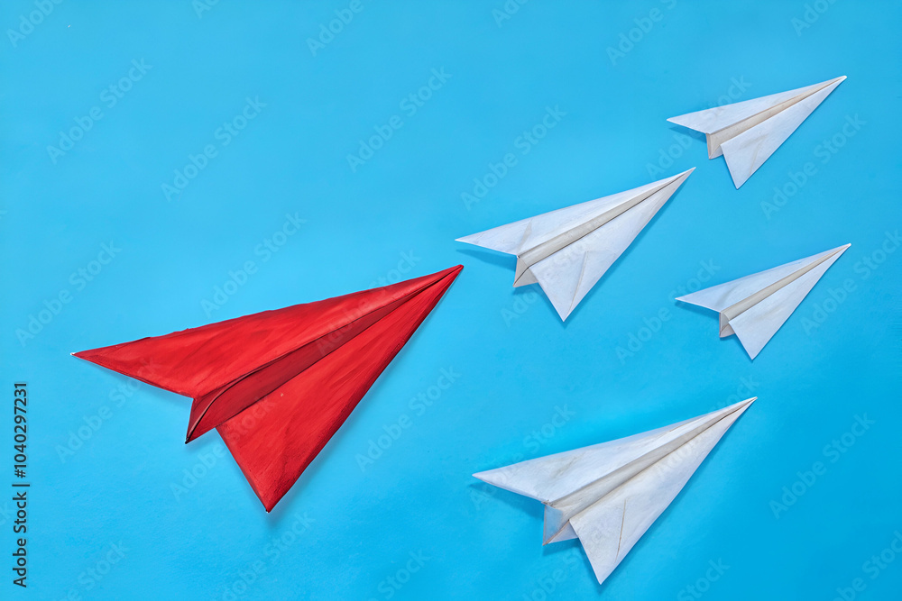 A striking image of a red paper airplane flying ahead of several white ones, symbolizing leadership and innovation against a blue backdrop. A striking image of a red paper airplane flying ahead of several white ones, symbolizing leadership and innovation against a blue backdrop.