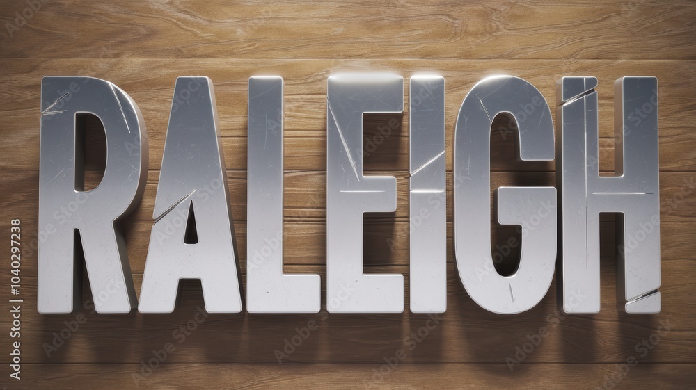 Stylized Metal Signage: The Name 'RALEIGH' in Silver Letters on a Wooden Background; Ideal for Branding or Decor. Stylized Metal Signage: The Name 'RALEIGH' in Silver Letters on a Wooden Background; Ideal for Branding or Decor.