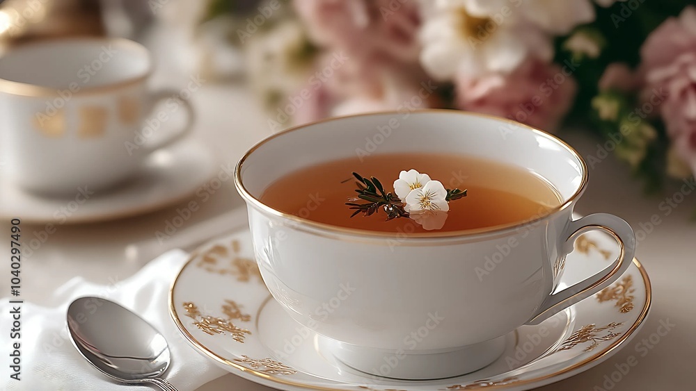 Elegant Tea Cup with Floral Decoration and Herbal Tea, Served in a Classic White Porcelain Cup with Gold Details Elegant Tea Cup with Floral Decoration and Herbal Tea, Served in a Classic White Porcelain Cup with Gold Details