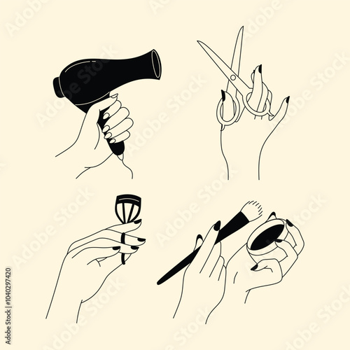 A set of minimalist line art illustrations showcasing hand gestures related to beauty, skincare, and makeup routines.