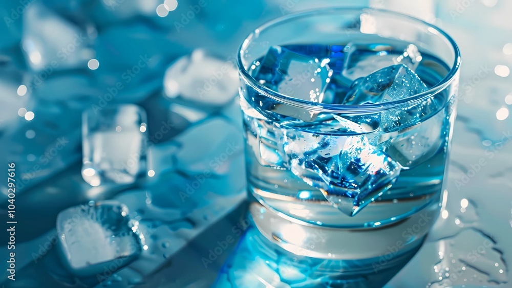 Refreshing Glass of Ice Water with Sparkling Ice Cubes on a Cool Blue Surface, Perfect for Summer and Hydration Concepts Refreshing Glass of Ice Water with Sparkling Ice Cubes on a Cool Blue Surface, Perfect for Summer and Hydration Concepts