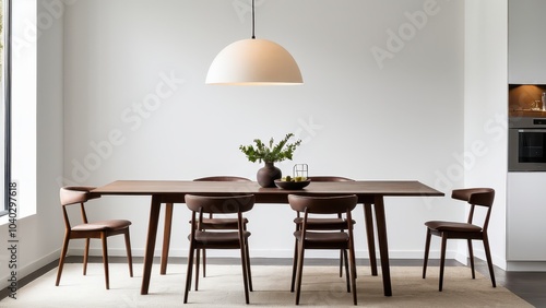 A minimalist dining room features a wooden table with six chairs. A white pendant light hangs above, alongside a vase with greenery and a fruit bowl. photo