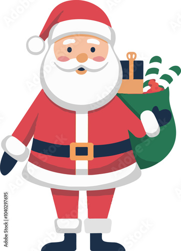 Festive Santa Claus in a classic red outfit holding a bag of gifts, perfect for holiday web design, seasonal decor, and digital marketing.